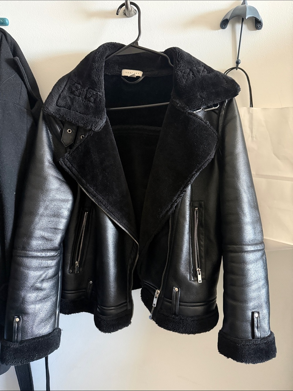 Topshop Black Faux Shearling Moto Jacket